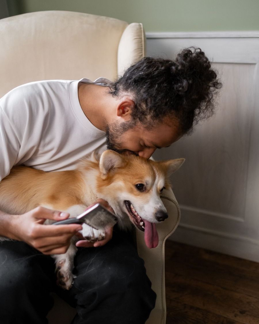Köpeğine sarılan bir kişi